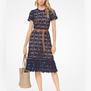 Michael Kors Floral Lace Navy Lace Midi Dress + Belt size Small